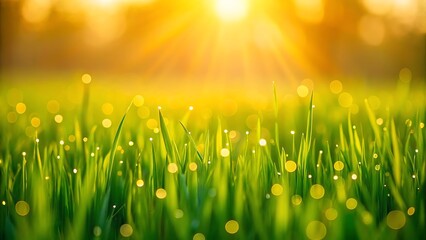 Golden sunrise kisses dew-kissed grass, a vibrant meadow awakening to a new day, bathed in warm light and soft focus.
