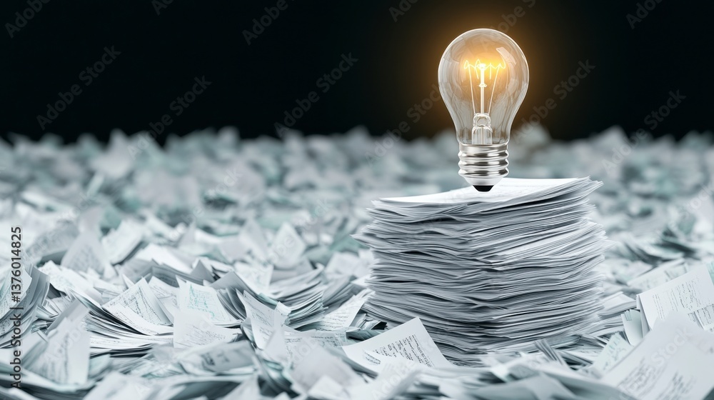 Poster glowing lightbulb atop a stack of papers amidst a sea of documents, suggesting a breakthrough idea o