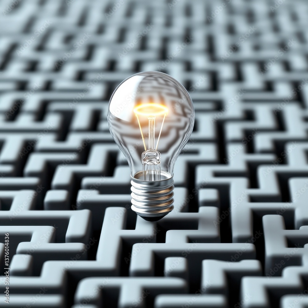 Poster glowing lightbulb rests atop a complex monochrome maze, symbolizing problem solving and ingenuity.