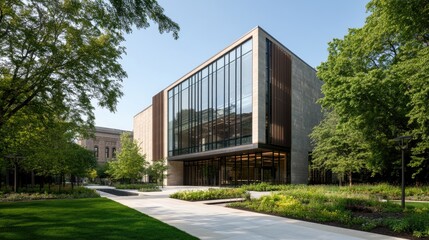 Fototapeta premium Sunlit modern office building with large windows surrounded by greenery and pathways in a vibrant urban park setting