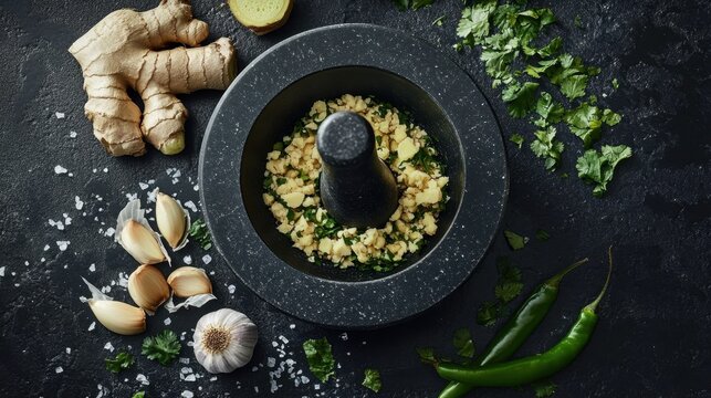 A mortar and pestle crushing fresh ginger, garlic, and green chilies, surrounded by raw ingredients.