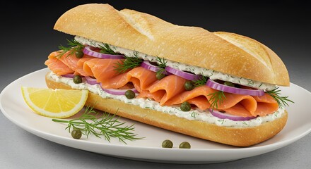 A gourmet sandwich stuffed with smoked salmon, cream cheese, capers, red onion and fresh dill, served on a soft baguette.