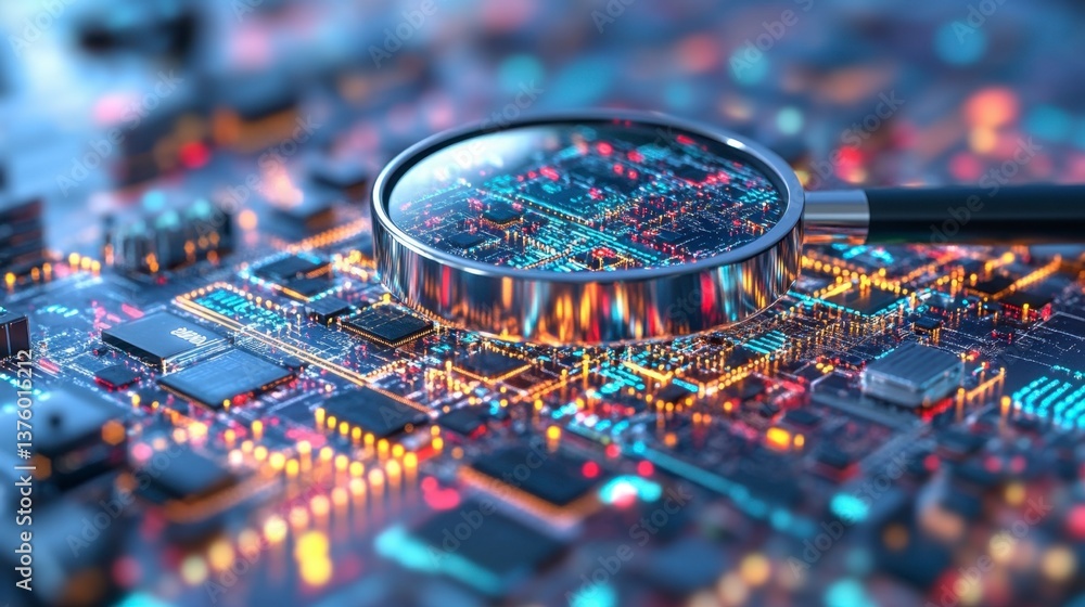 Poster close up view of a circuit board with a magnifying glass revealing intricate details and glowing pat
