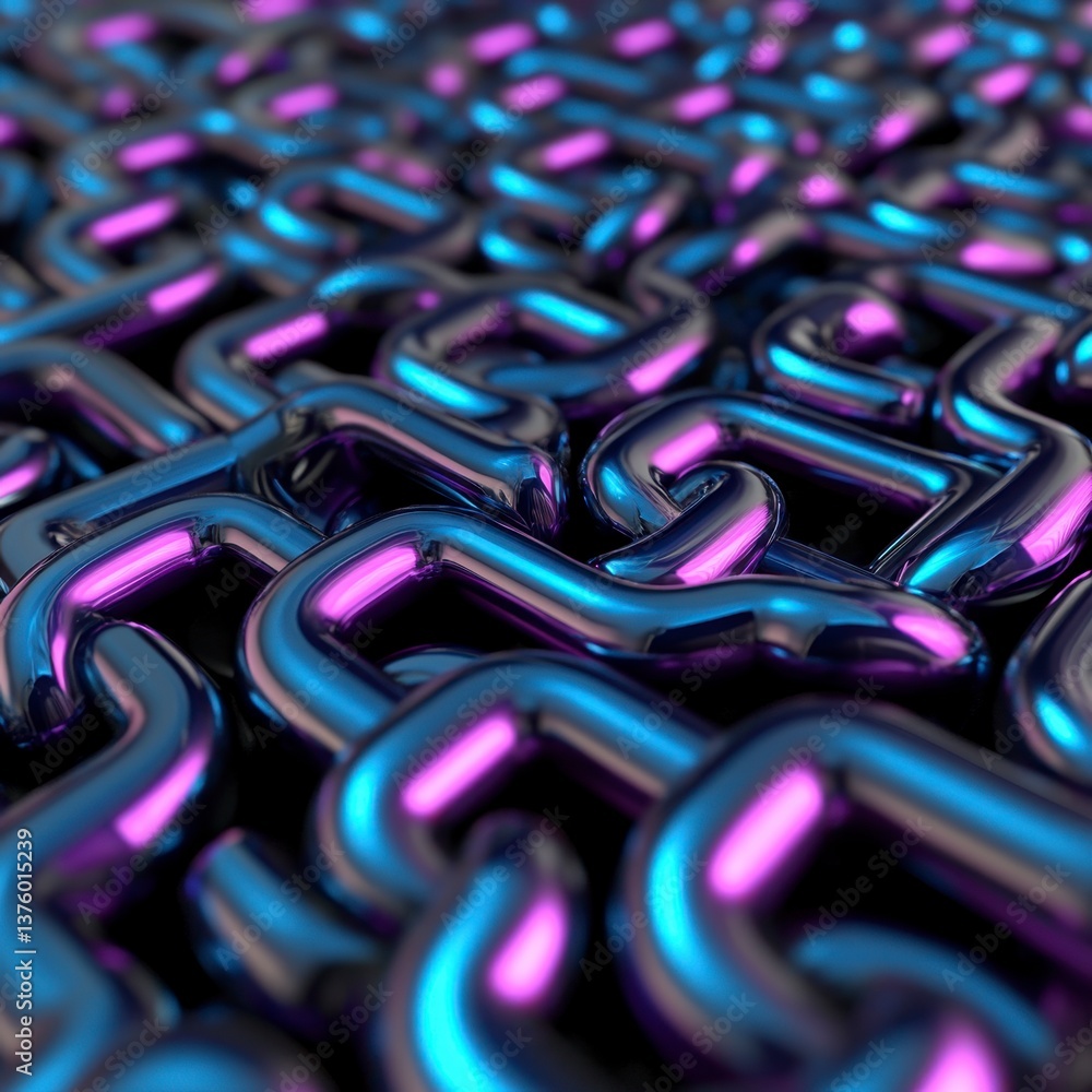Poster abstract image of interconnected metallic chains in blue and purple hues. close up view emphasizes t