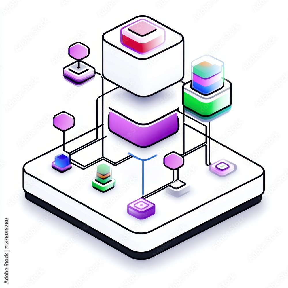 Poster isometric illustration of a complex network system with interconnected nodes and data blocks in vibr