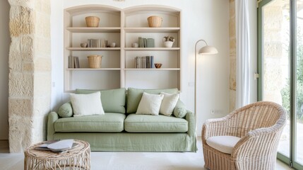 French countryside lounge, pastel green sofa, wicker chair, built in niche with light, no wall shelves, soft evening atmosphere