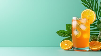 Fototapeta premium Refreshing iced orange juice drink in tall glass with ice cubes garnished with orange slices and tropical leaves on a teal background perfect for summer advertisements.