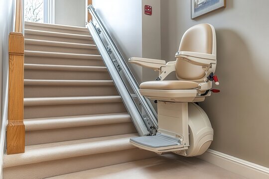 Elegant stairlift installed on a carpeted staircase in a modern home, enhancing accessibility and mobility for users. - Powered by Adobe