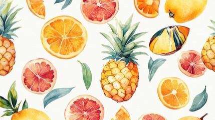 A watercolor fruit pattern of pineapples oranges and papayas on a light background summer and tropical vibes
