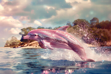 A pink dolphin gracefully jumps out of the water, creating a mesmerizing and surreal scene.