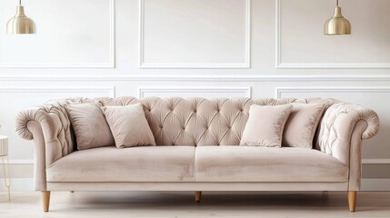 Modern interior, sand velvet sofa with plush cushions, soft ceiling spotlights, calm neutral tones, light oak floor, evening light