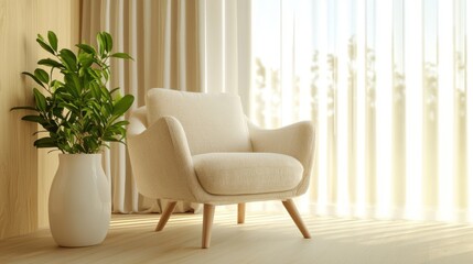 Modern rustic living room, boucle armchair, milk tone sofa, light oak floor, sheer curtain, soft daylight, greenery in ceramic jug