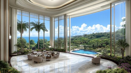 Luxurious living room with panoramic ocean and tropical views. Large windows showcase a resort pool and lush greenery.  Elegant seating and marble floors.