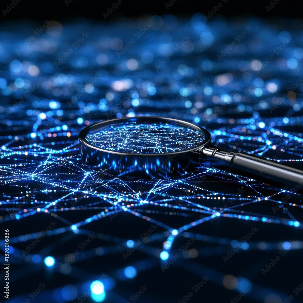 Poster close up view of a magnifying glass over a complex network of glowing blue nodes and connections aga