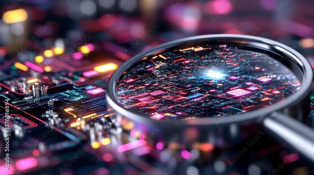 Poster close up view of a magnifying glass over a circuit board with vibrant, multicolored glowing nodes. t