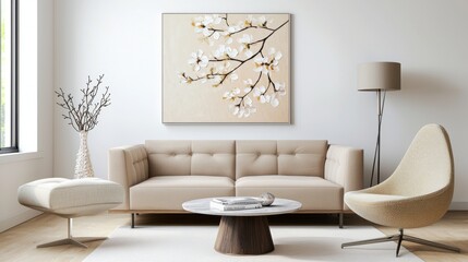 Modern Scandinavian living room, beige tufted edge sofa, drop shaped stitched chair, oil painting with flower branches