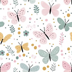 Soft pastel colors blend butterflies and flowers on a white background, evoking a tranquil spring ambiance with vintage charm SEAMLESS PATTERN