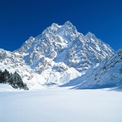 Obraz premium Majestic snow capped mountain peak rises against a clear blue sky, overlooking a vast, snow covered plain. The scene is serene and expansive, bathed in bright sunlight.