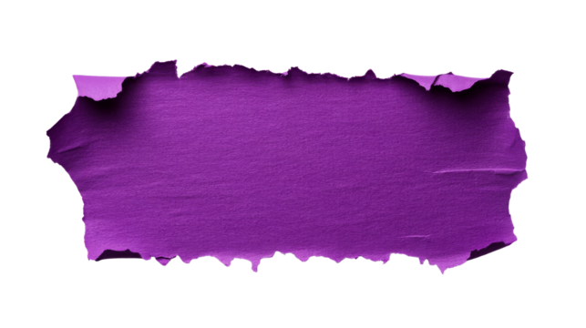 Torn purple paper with rough edges texture, cut out transparent