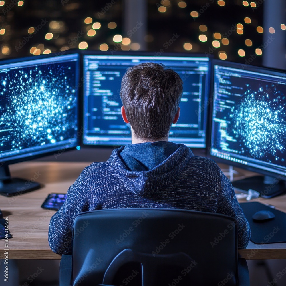 Poster rear view of a man sitting at a desk in front of three computer monitors displaying complex data vis