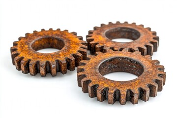 Three rusted metal gears on a white background, symbolizing industrial decay and mechanical evolution.