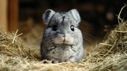 Fluffy Gray Chinchilla Sitting on Soft Hay with Gleaming Eyes in Warm Natural Light