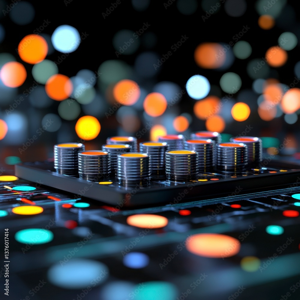 Poster stacks of metallic coins rest on a dark technological circuit board, illuminated by colorful bokeh l