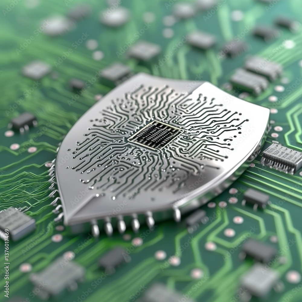 Poster close up view of a metallic shield shaped microchip on a green circuit board. the image emphasizes d