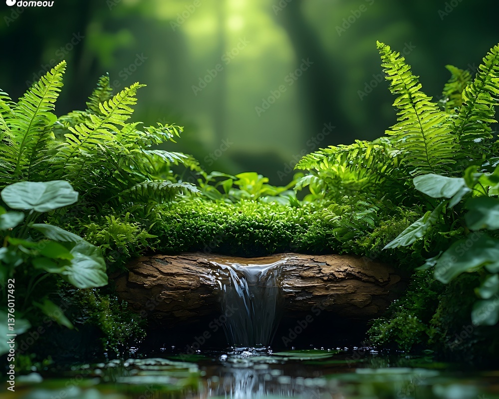 Poster a serene rainforest scene with a moss covered log bridging a bubbling stream