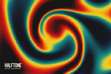 Grainy noise texture gradient surface. Black, red, yellow and blue colors. Bitmap dithering background. Abstract halftone effect. Trendy retro style. Vector.