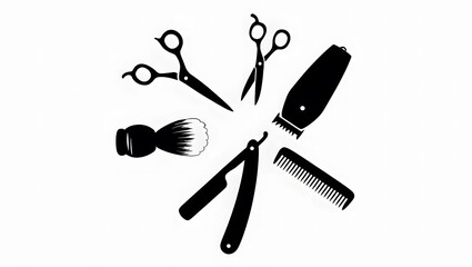 Naklejka premium Essential Barber Tools Icon Set: Scissors, Razor, Comb, Shaving Brush, and Hair Clipper