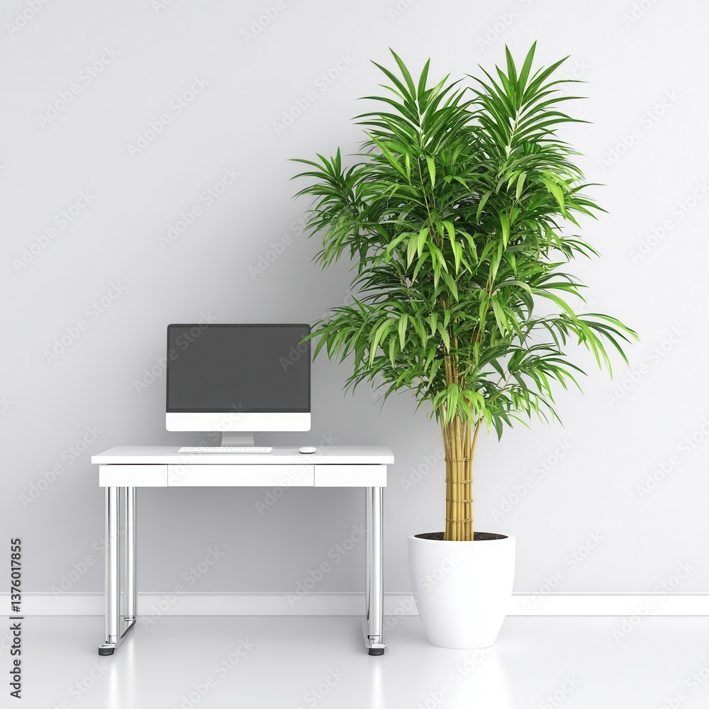 Poster white minimalist home office desk setup with a large potted plant and computer. clean lines and brig