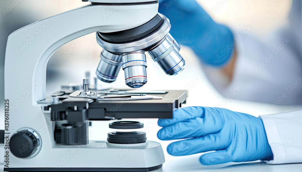 Poster close-up of a scientist's hands using a high-powered microscope in a laboratory setting. detailed im