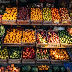 Vibrant Market Stall Displaying Colorful Fresh Fruits in Baskets