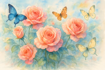 Fototapeta premium Blooming pink roses with butterflies in a soft pastel background 