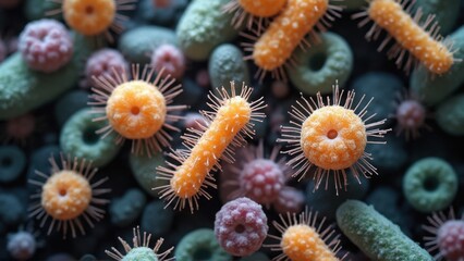 Brightly colored bacteria of varying shapes populate a petri dish, showcasing intricate textures and structures. The vibrant orange, green, and purple forms create an engaging microbial landscape. © m-art