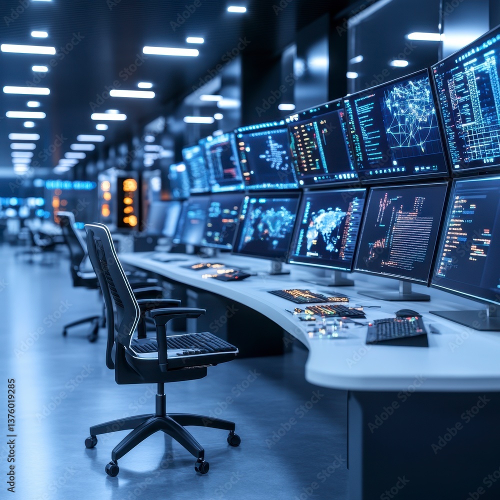 Poster modern control room interior with numerous monitors displaying data visualizations, illuminated by b