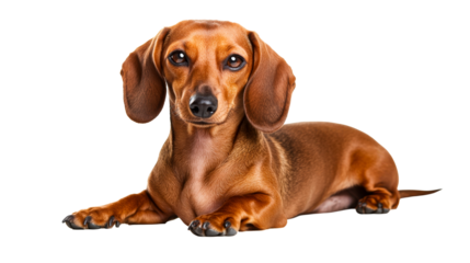 Brown dachshund dog lying down, looking at camera, studio shot, cut out transparent