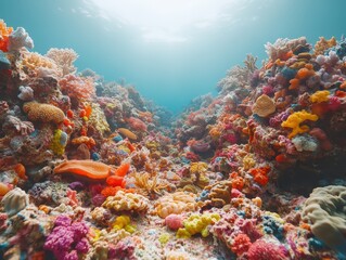 Fototapeta premium marine animals swimming below a surface littered with colorful synthetic waste focus on immersion vibrant manipulation coral expanse