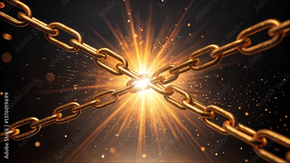 Poster Golden Chains Glowing with Light on Dark Background with Sparkles
