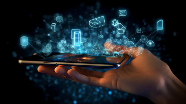A hand effortlessly holding a smartphone, unleashing a vibrant galaxy of digital icons, symbolizing limitless connectivity and technological possibilities in a dark, cinematic setting.