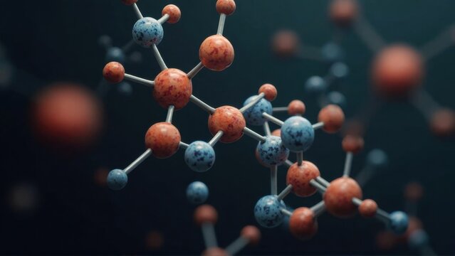Colors and textures highlight a detailed molecular structure against a dark background, showcasing red and blue atoms interconnected by white bonds, representing a dynamic scientific concept.