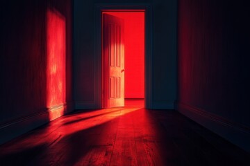 Fototapeta premium Dimly lit hallway with a red-lit open door casting dramatic shadows on wooden floor.