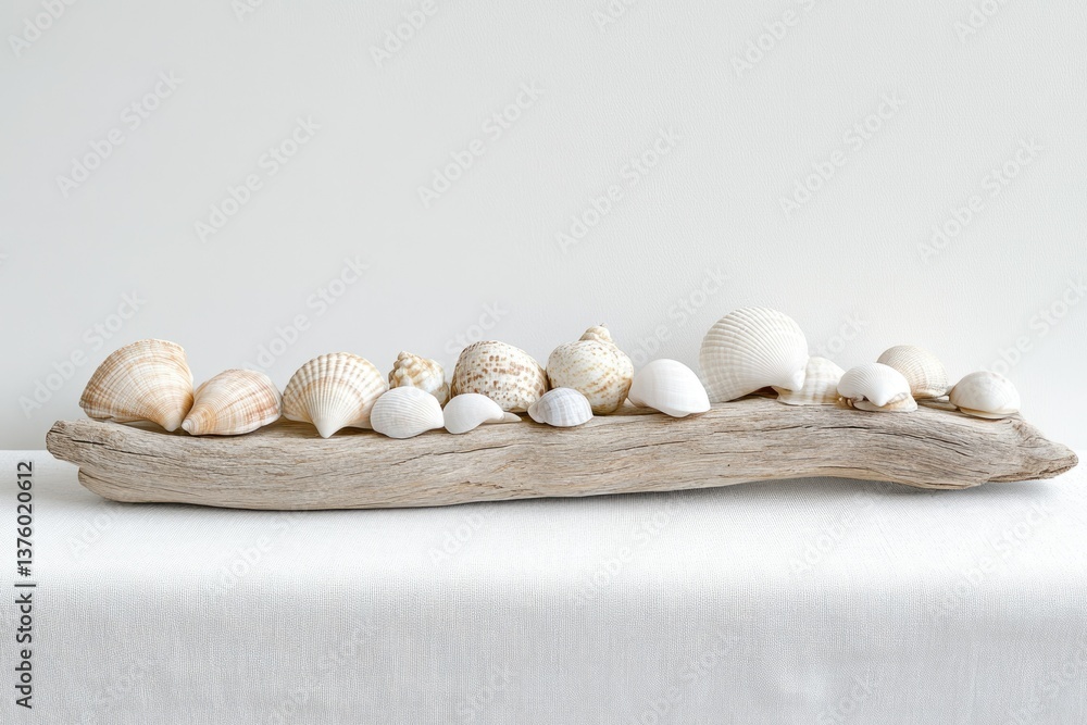 Poster assorted seashells are displayed on a piece of driftwood against a white backdrop, creating a simple
