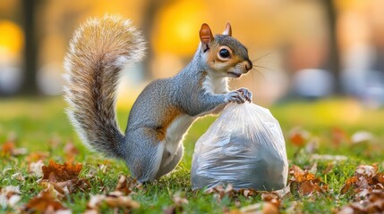 Fototapeta premium squirrel nesting in a plastic bag selective focus on ironic adaptation whimsical fusion urban park