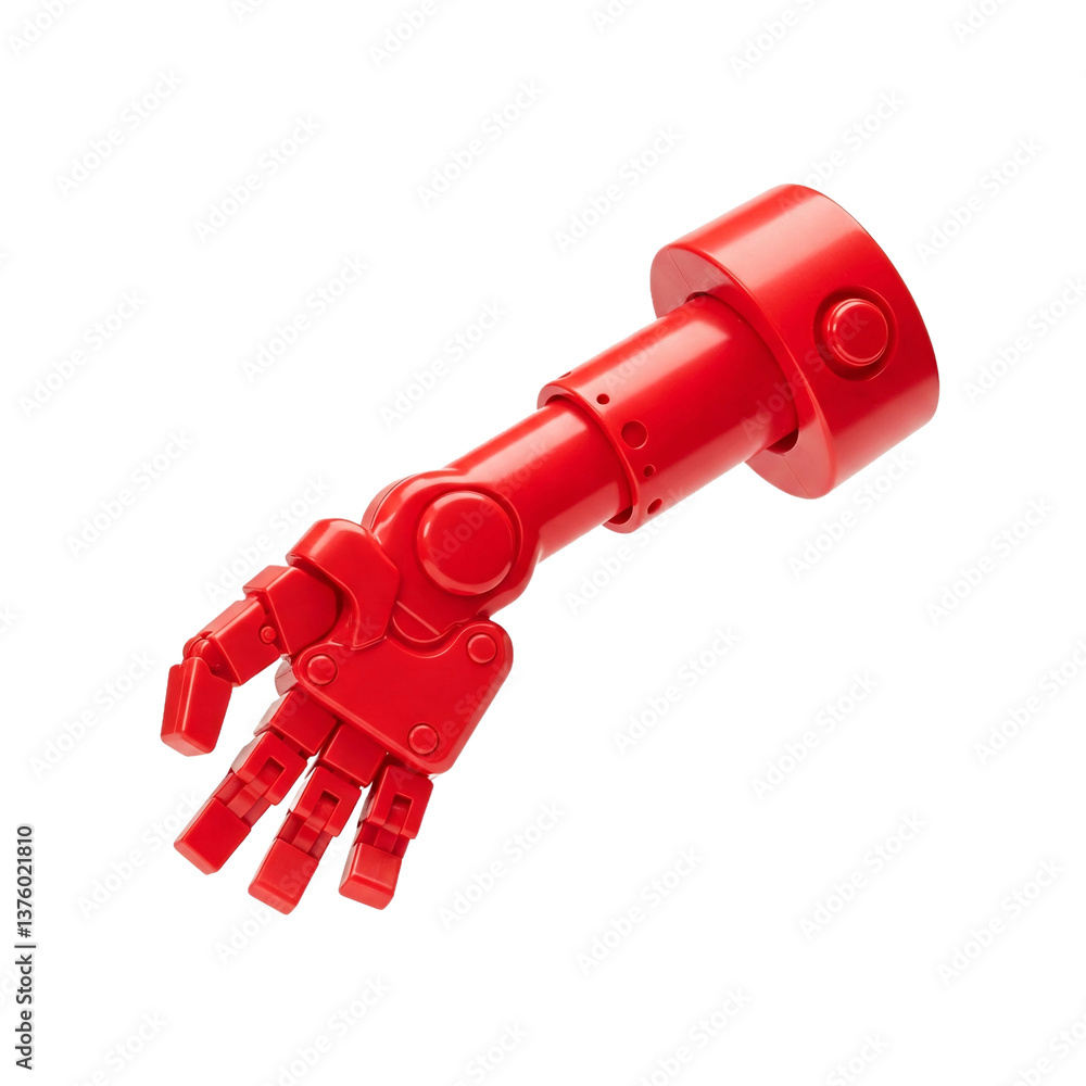 Poster red robotic arm, isolated on a transparent background, png image, showcasing technological advanceme