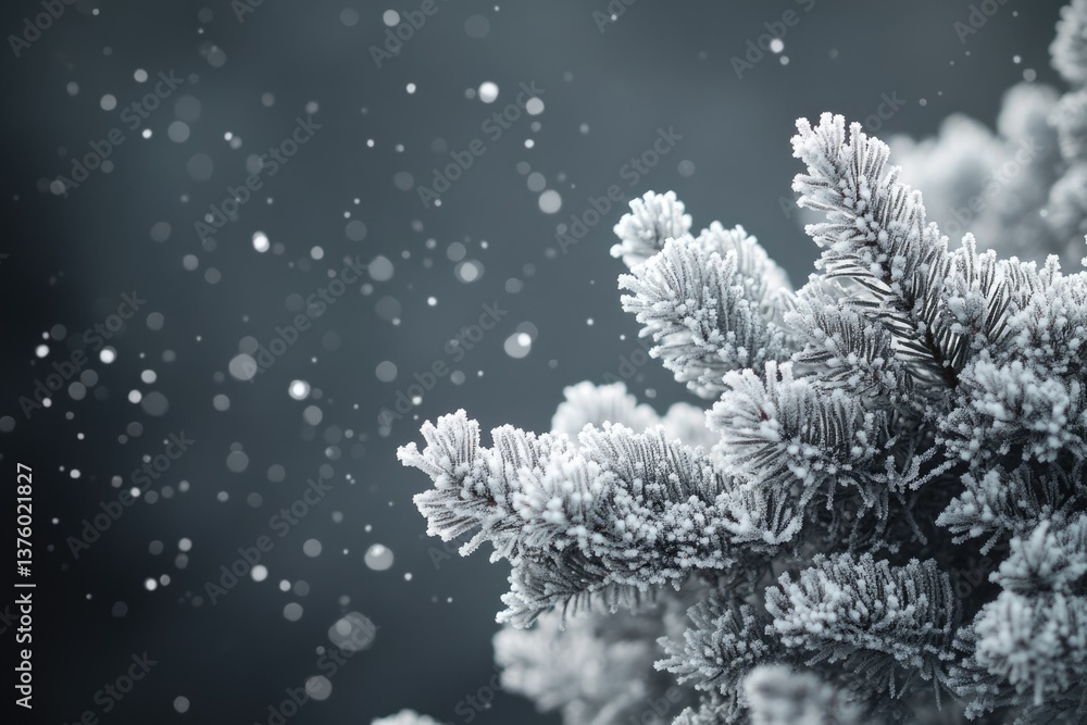Poster close-up of frosted pine tree branch with snow falling, creating a serene and magical winter scene.