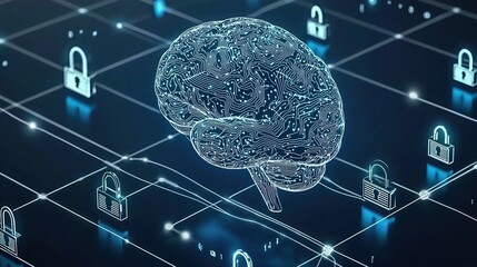Futuristic Digital Brain Representation with Circuit Patterns and Lock Symbols on a Dark Background Emphasizing Cybersecurity and Technology Concepts
