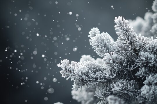 Close-up of frosted pine tree branch with snow falling, creating a serene and magical winter scene. - Powered by Adobe