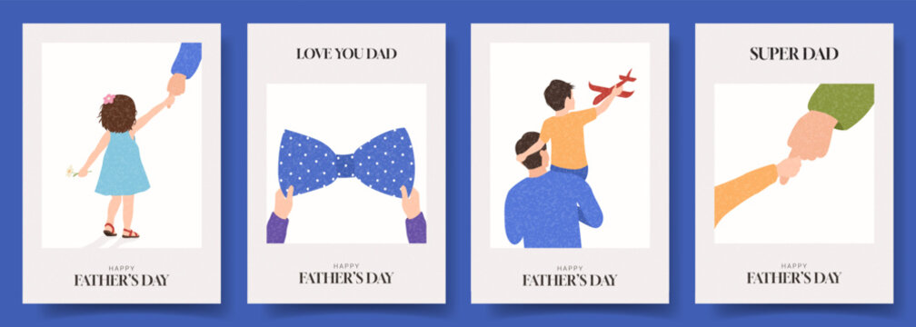 Happy Fathers Day cards. Vector illustrations with fathers, son and daughter and typography design. Father's Day posters for holiday events, cover, banner, social media.